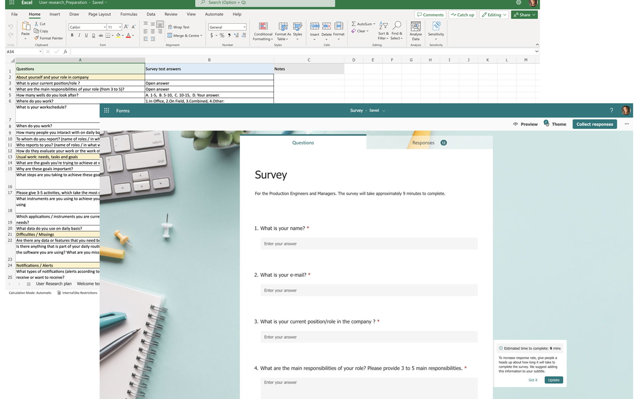 User research preparation — survey in Excel and Microsoft Forms