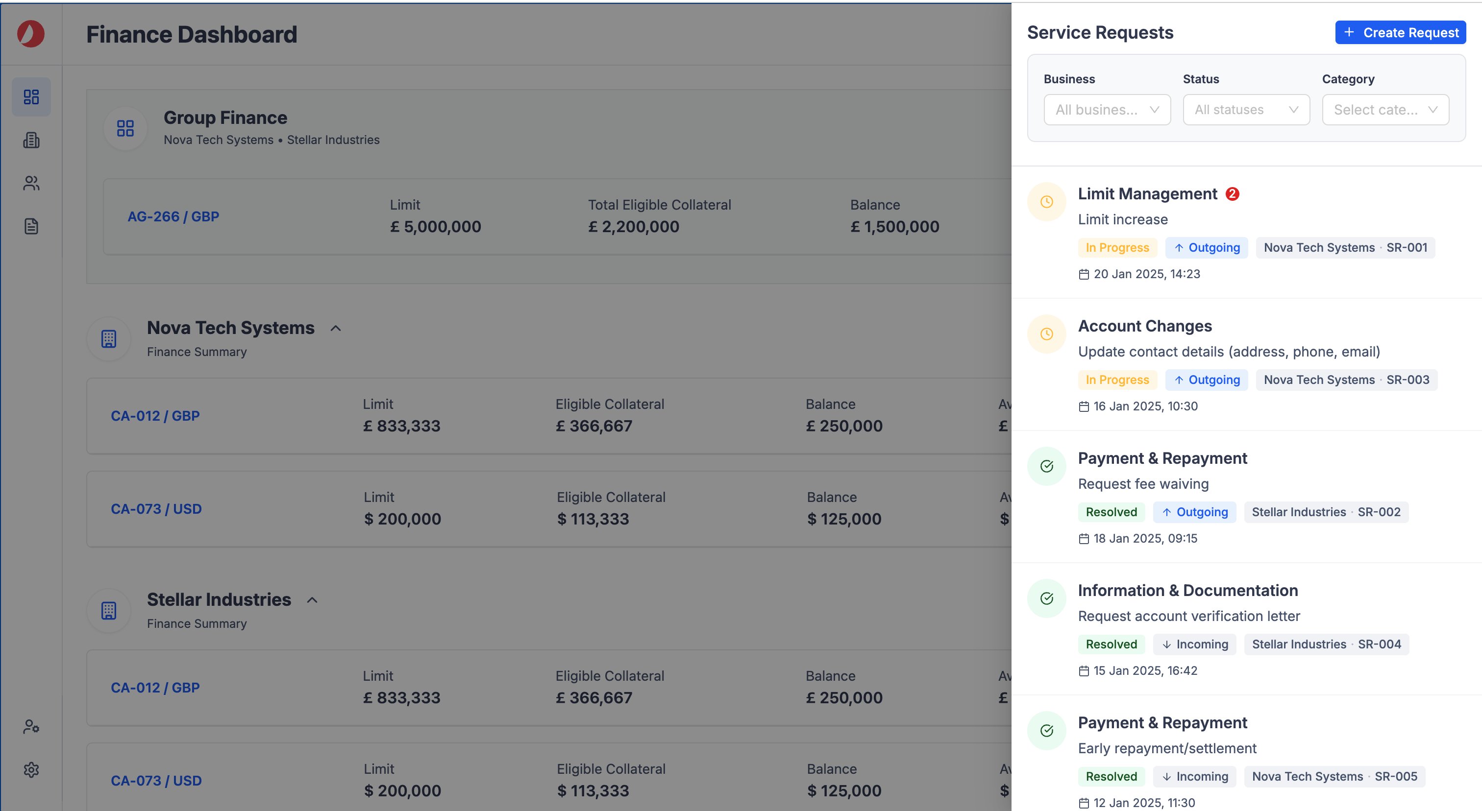 Client portal service requests list