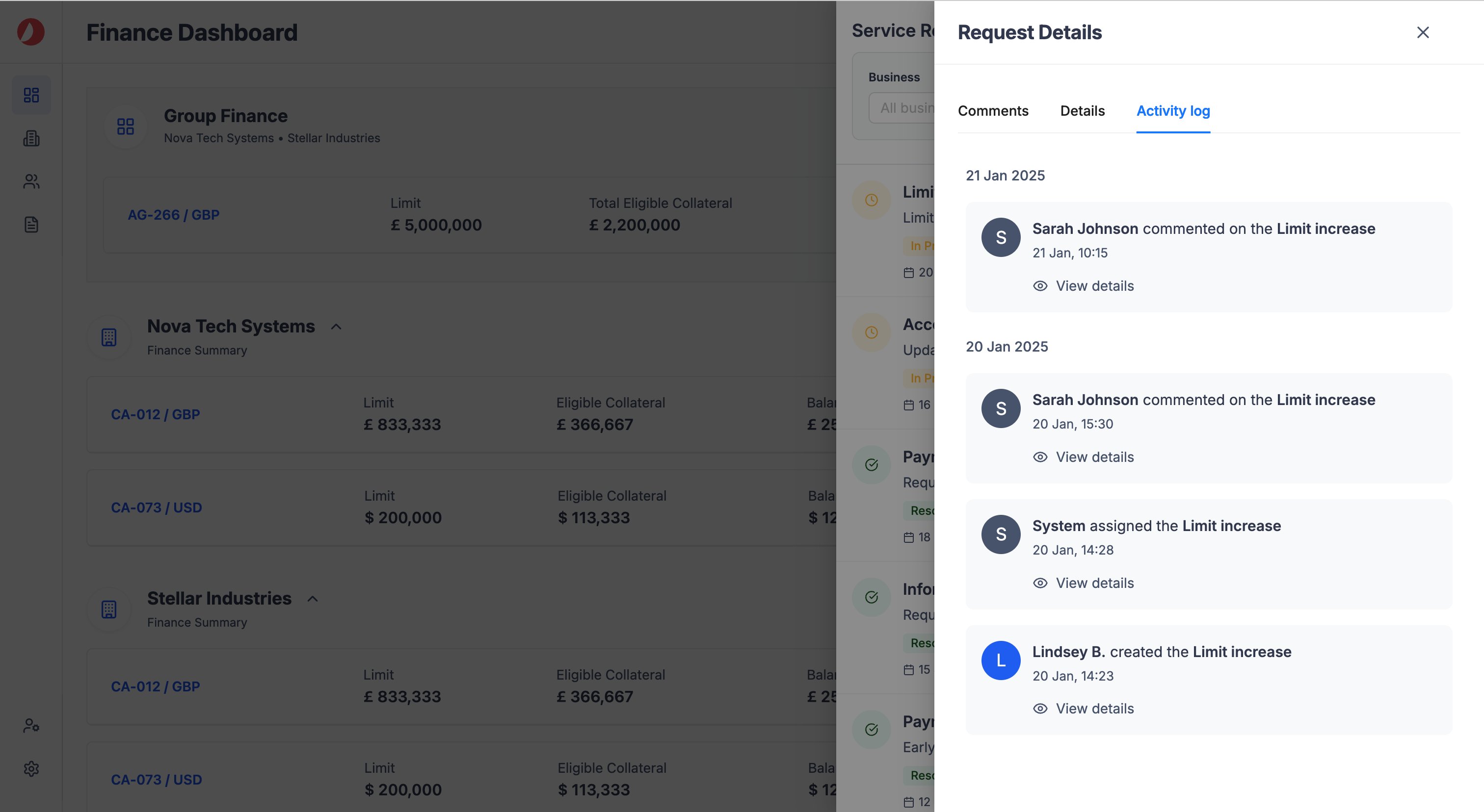 Request detail — Activity log tab