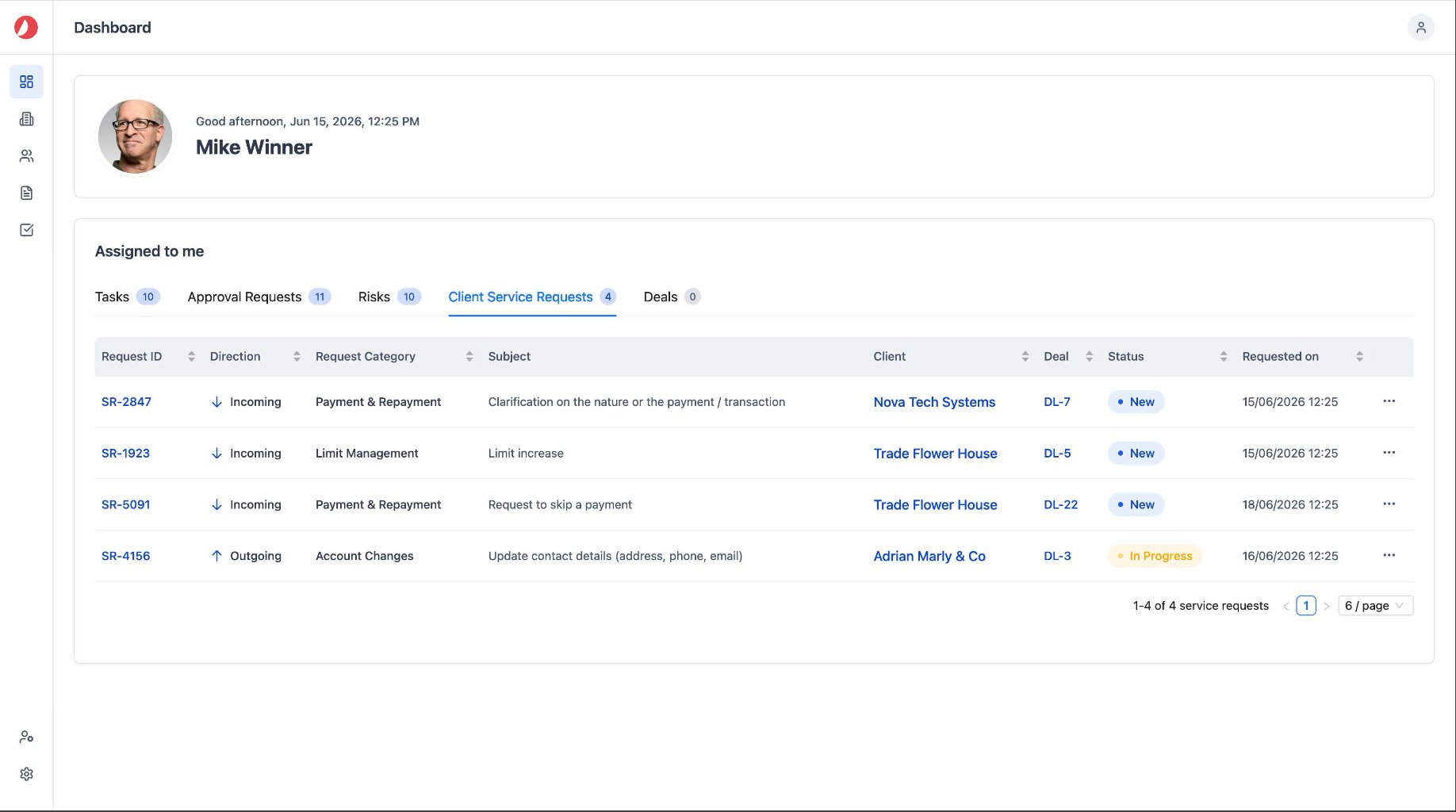 Bank staff dashboard — Client Service Requests assigned to me
