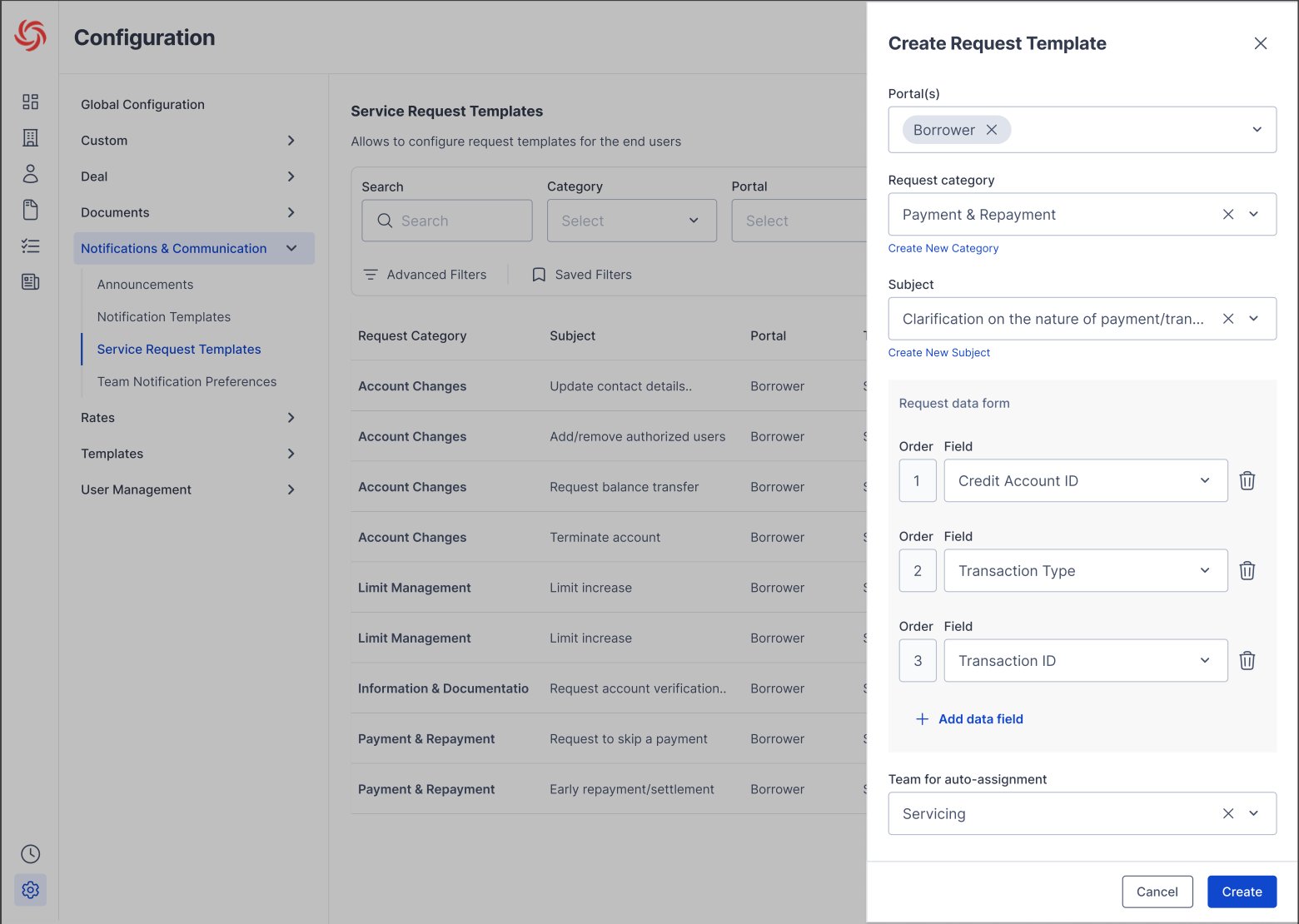 Bank Admin configures Service Request Templates