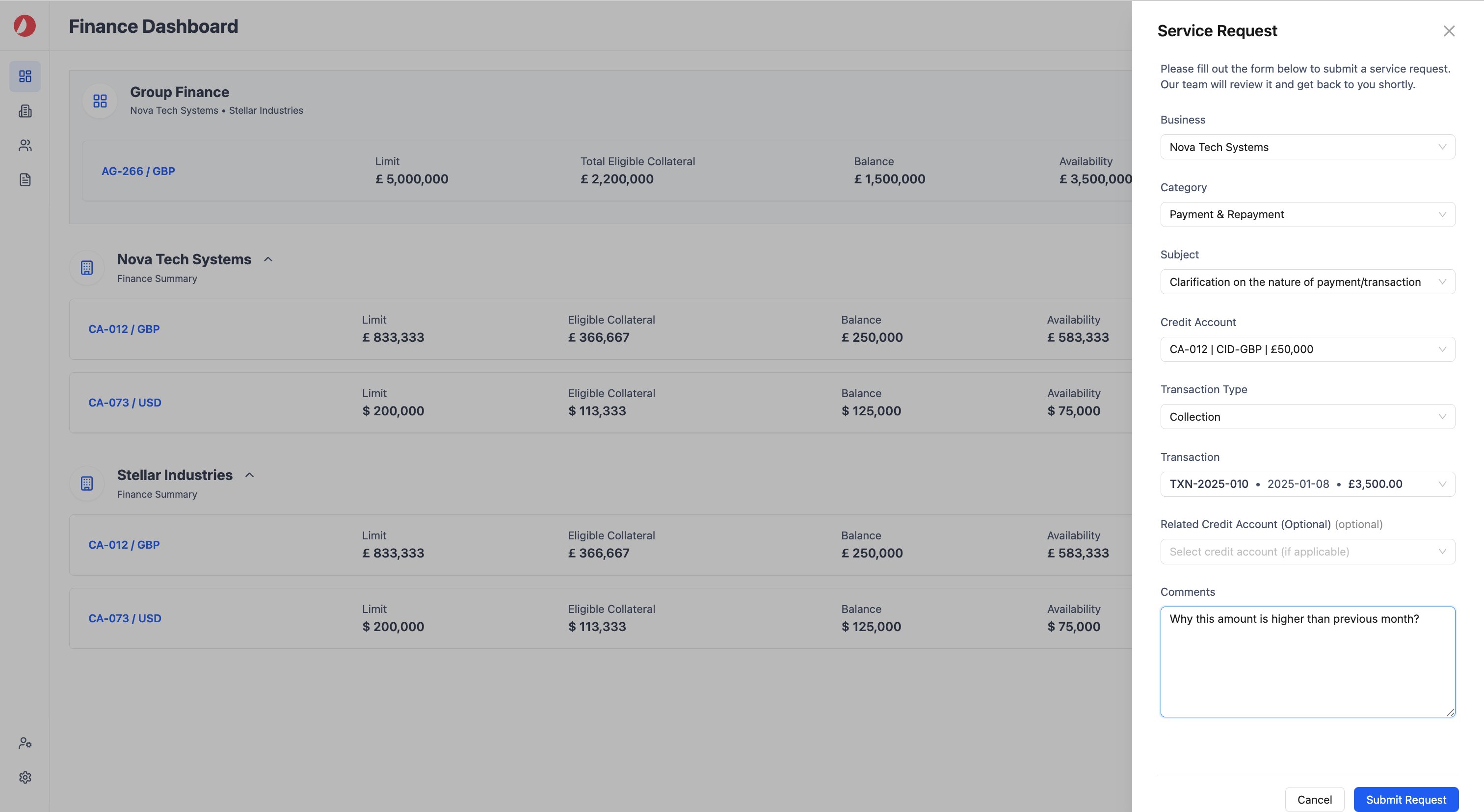 Borrower fills in Service Request form